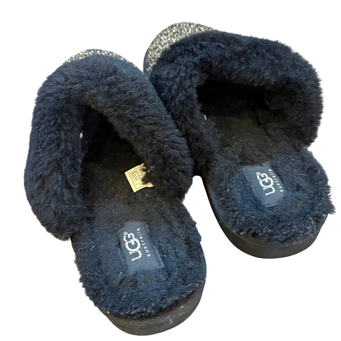 UGG Australia Black, White, Gold Cozy Knit Slip On Shoes Slippers Womens Size 10