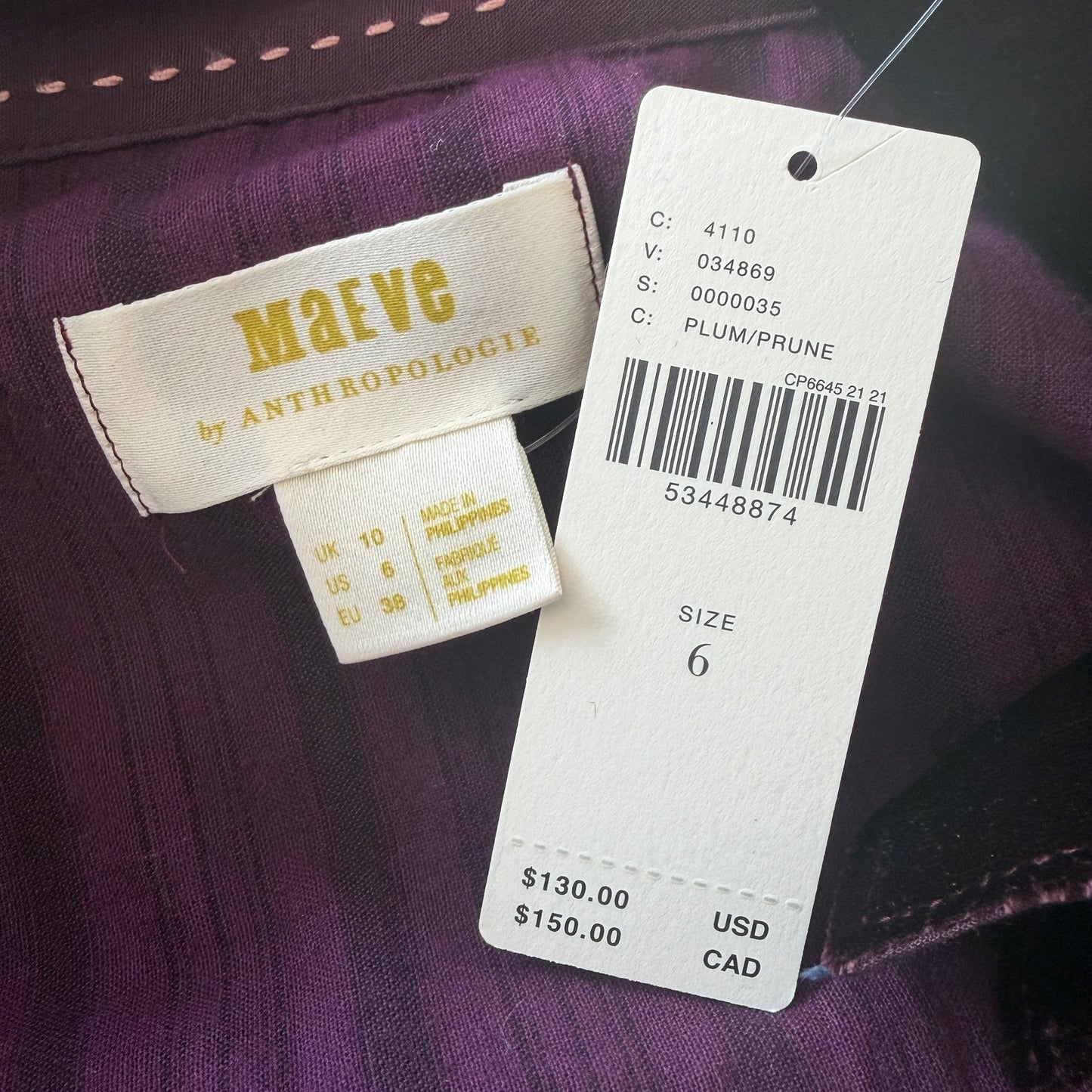 Maeve Anthropologie Burgundy Velvet Button Down Top Womens Size 6 NEW