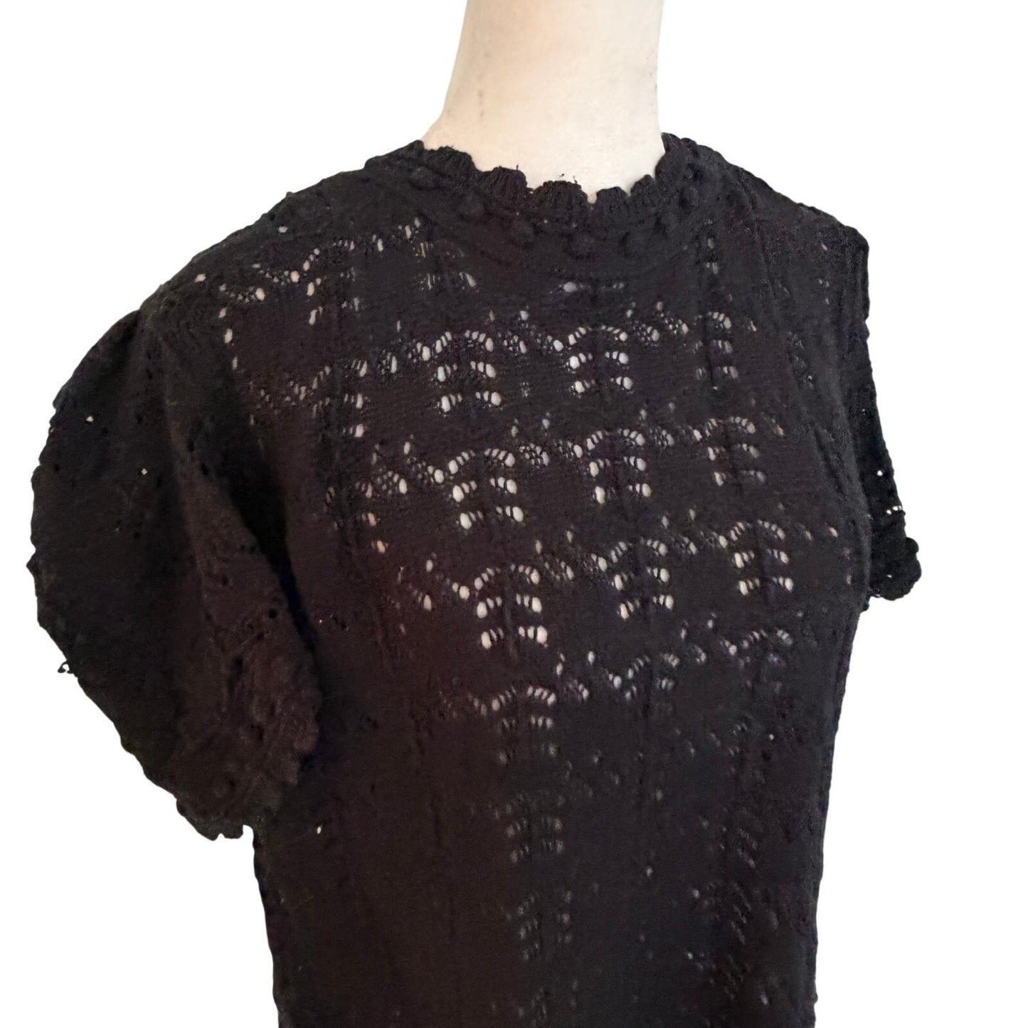 Anthropologie Black Crochet Short Sleeve Scalloped Sweater Women Size XL Petite
