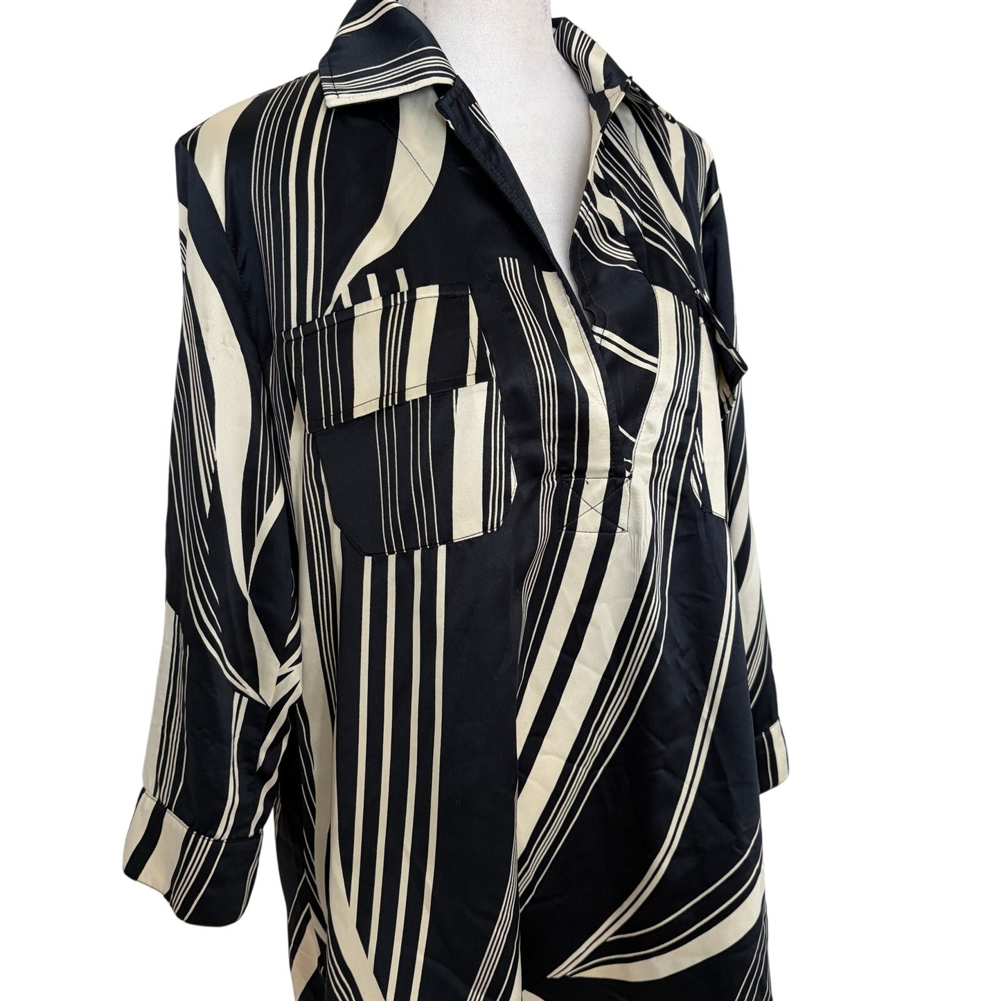 Veronica M. Black, Tan Striped Lagenlook Tunic Blouse Top Womens Size Small