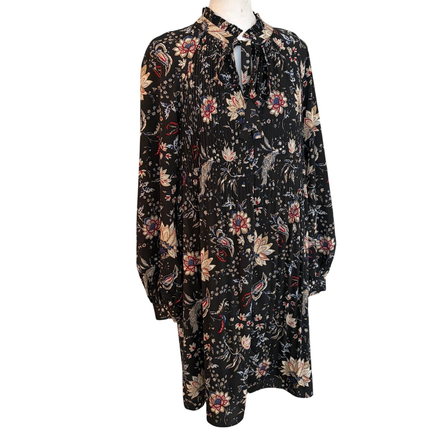 Mika & Gali Black Floral Pleated Long Sleeve Shirt Dress Womens Size Large