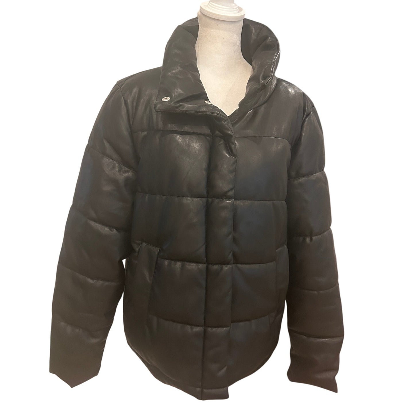 Avec Les Filles Black Faux Leather Quilted Puffer Jacket Womens Size Large