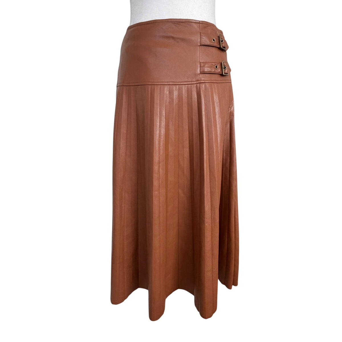 Anthropologie Caballero Caramel Brown Faux Leather Pleated Skirt Womens Size XS