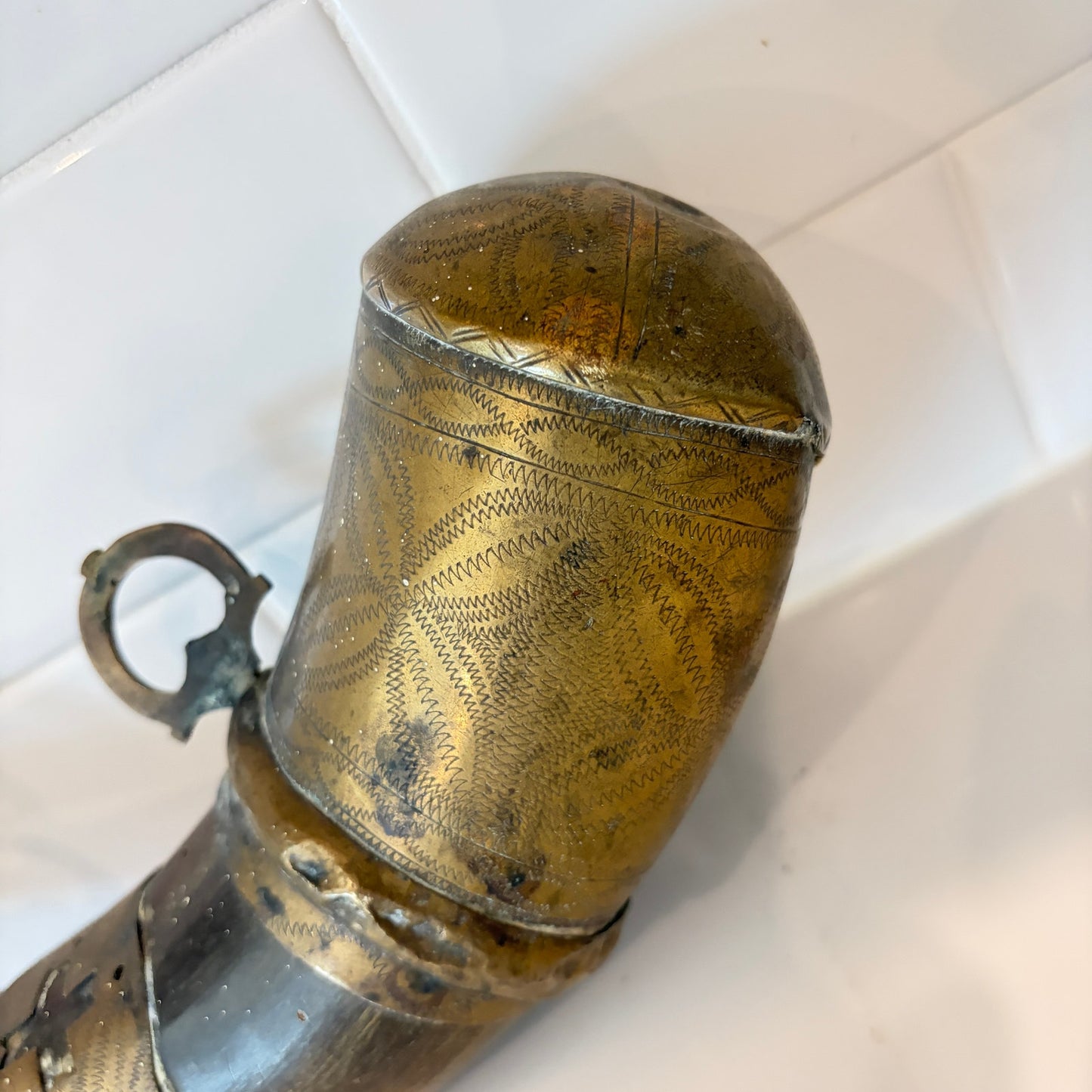 Antique Decorated Brass Gun Powder Horn North African Circa 18th-19th Century
