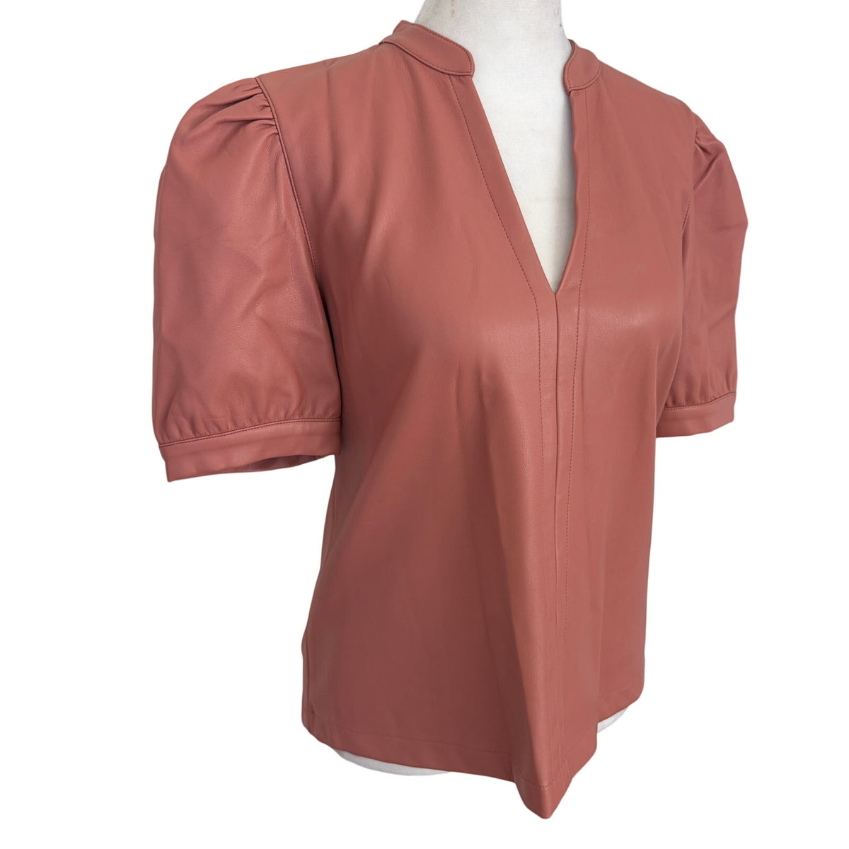 Steve Madden Faux Leather Puff Sleeve V-Notch Blouse Dusty Pink Women's Size XS