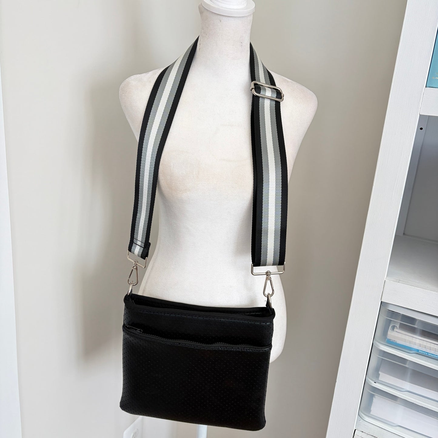 Ahdorned Black Large Pouch Crossbody With Black, White, Gray Woven Strap