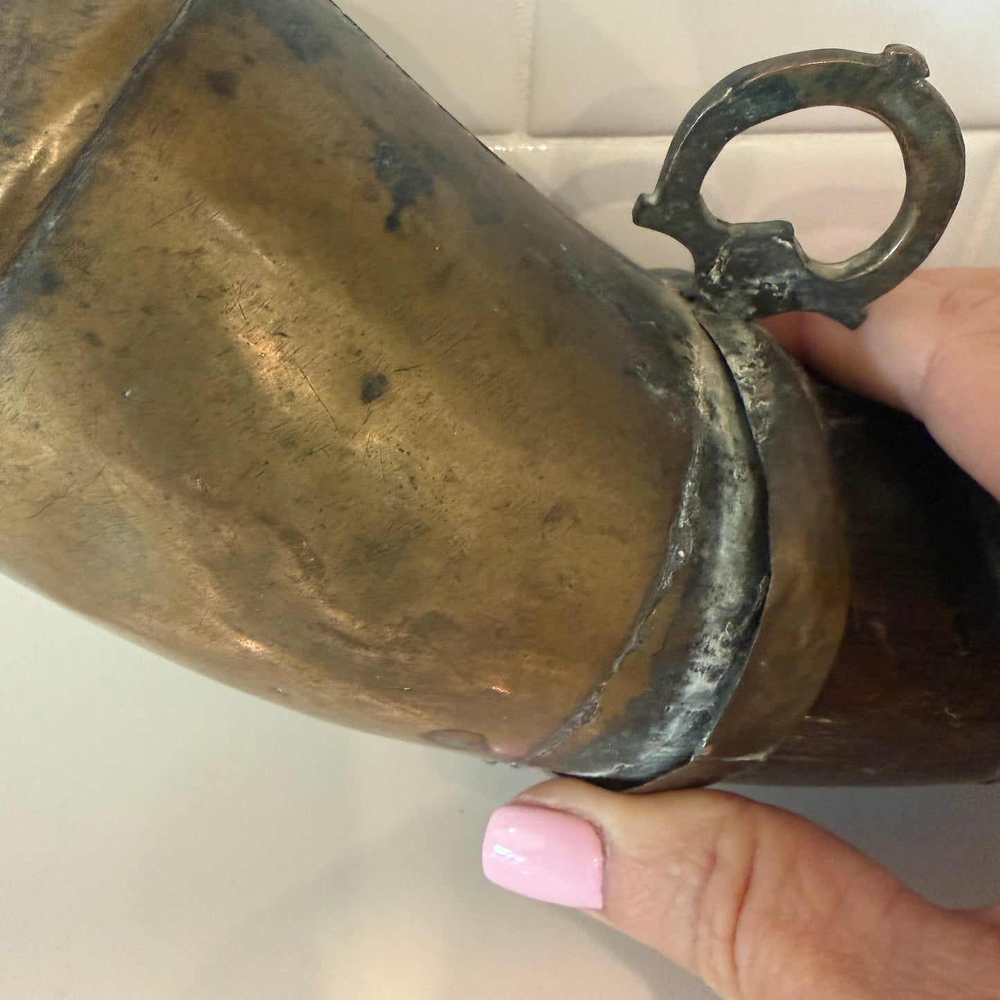 Antique Decorated Brass Gun Powder Horn North African Circa 18th-19th Century