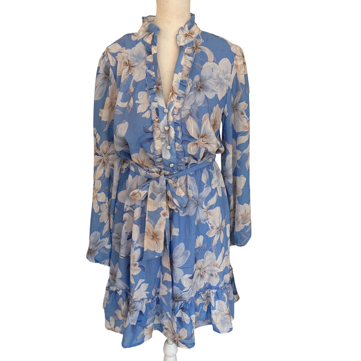 Joie Blue and White Floral Ruffled Mini Dress Long Sleeves Womens Size Medium