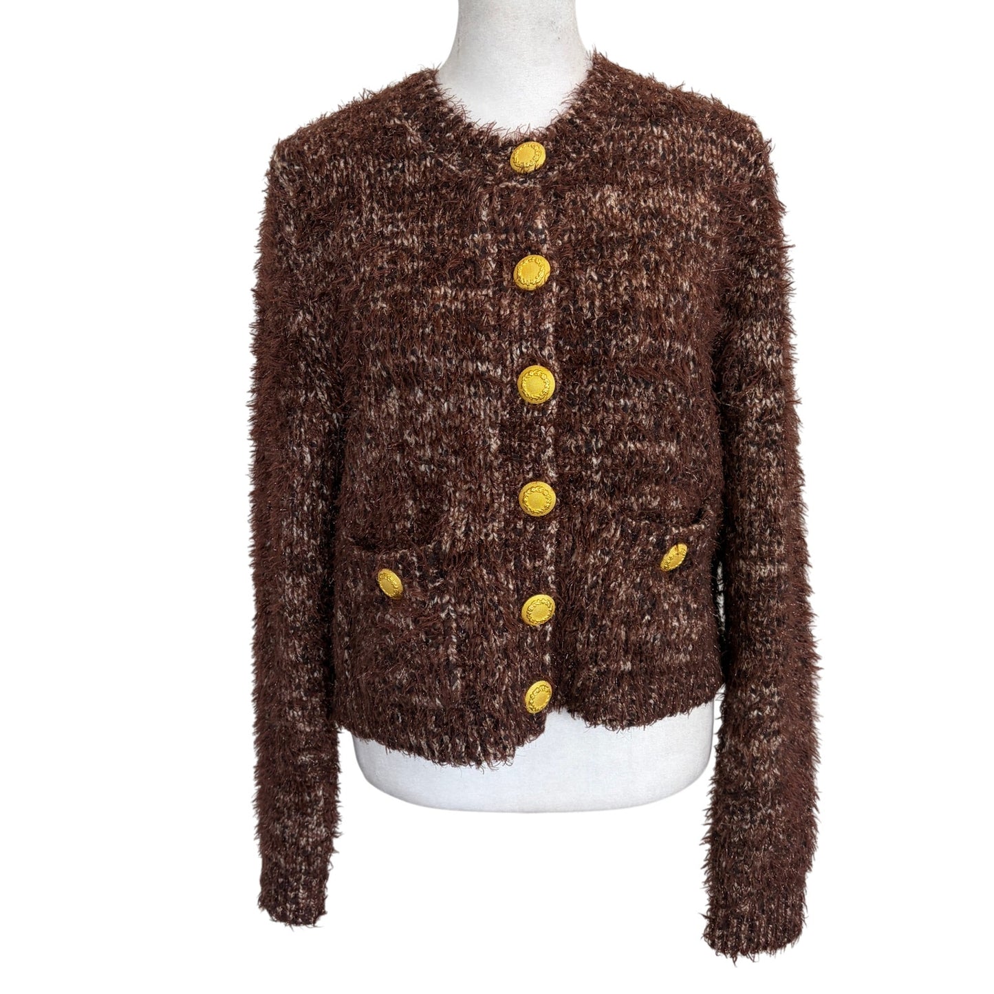 L'Agence Una Knit Cardigan Chocolate Brown with Gold Buttons Womens Size Medium