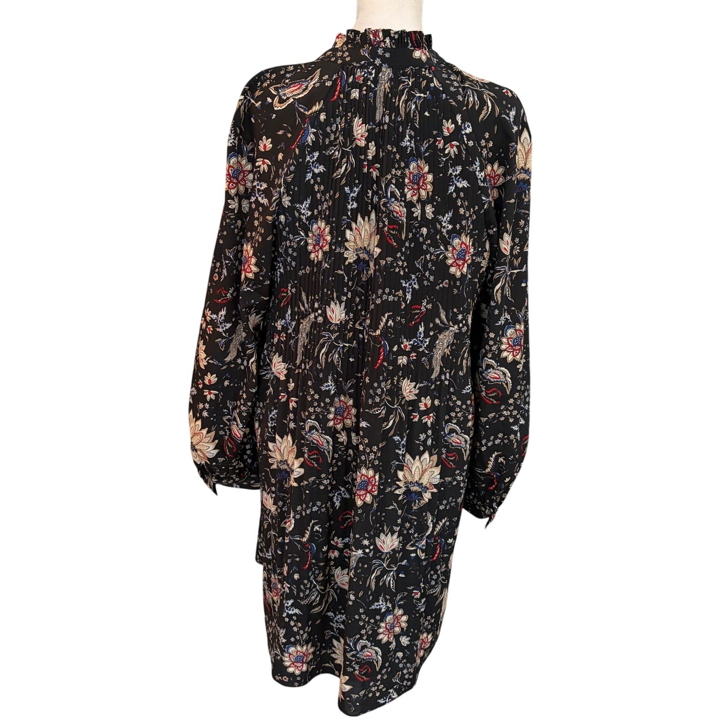 Mika & Gali Black Floral Pleated Long Sleeve Shirt Dress Womens Size Large