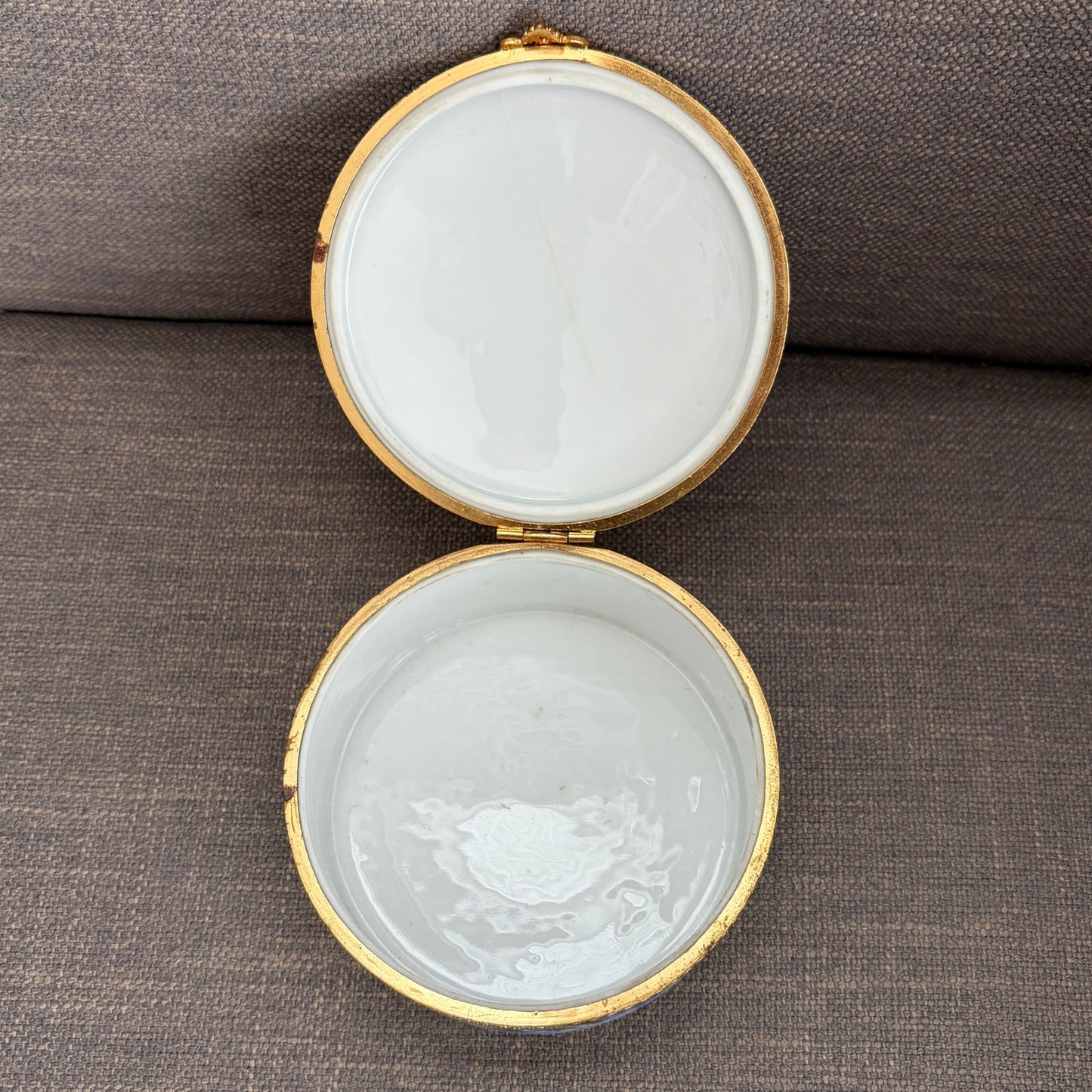 Limoges France Blue, White, Gold Peacock 4" Round Hinged Trinket / Jewelry Box