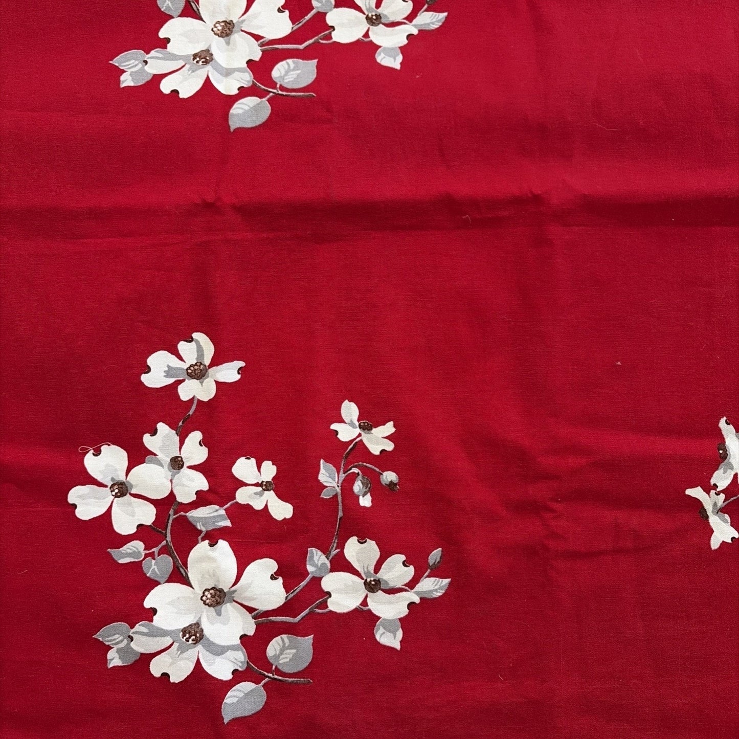 MID Century Vintage Wilendur Tablecloth Red W/ White Dogwood Flowers 53” X 65”
