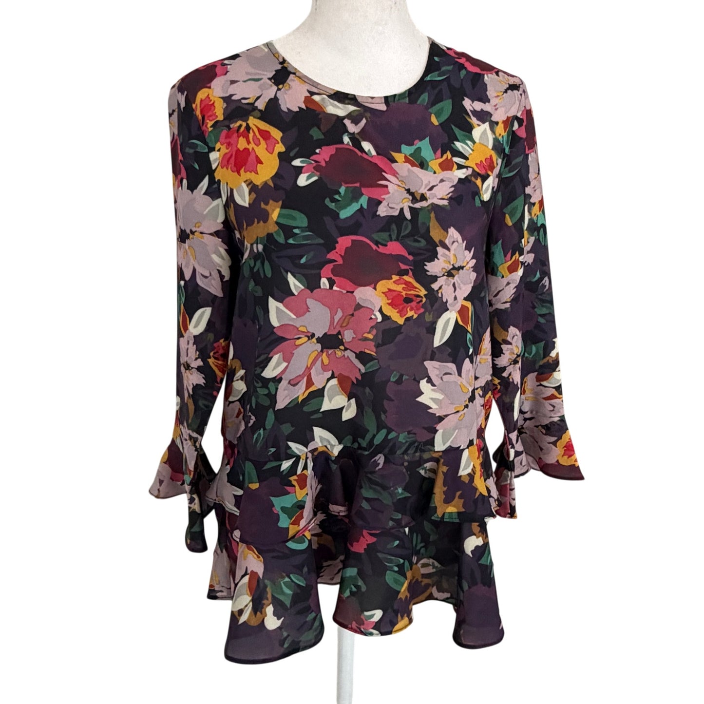 Jade Melody Tam Purple, Green, Pink, Yellow Floral Ruffled Blouse Womens Size XS