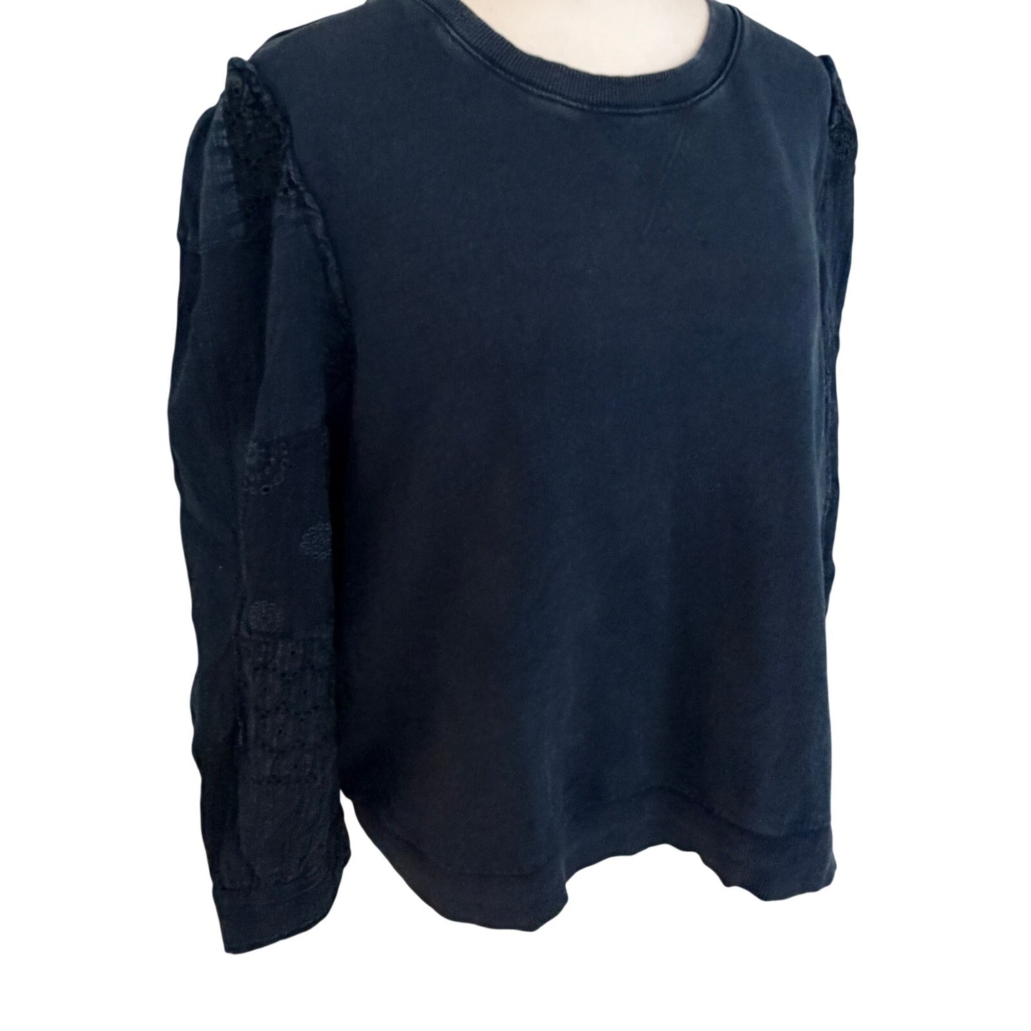 Pilcro Anthropologie Navy Blue Pullover Top Gauzy Eyelet Sleeve Women Size Large