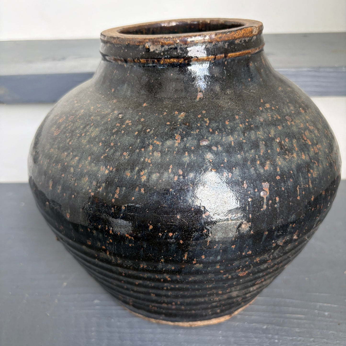 Antique Chinese Ming Large Black Cizhou Vase / Pot  Brown Spots 8" x 11"