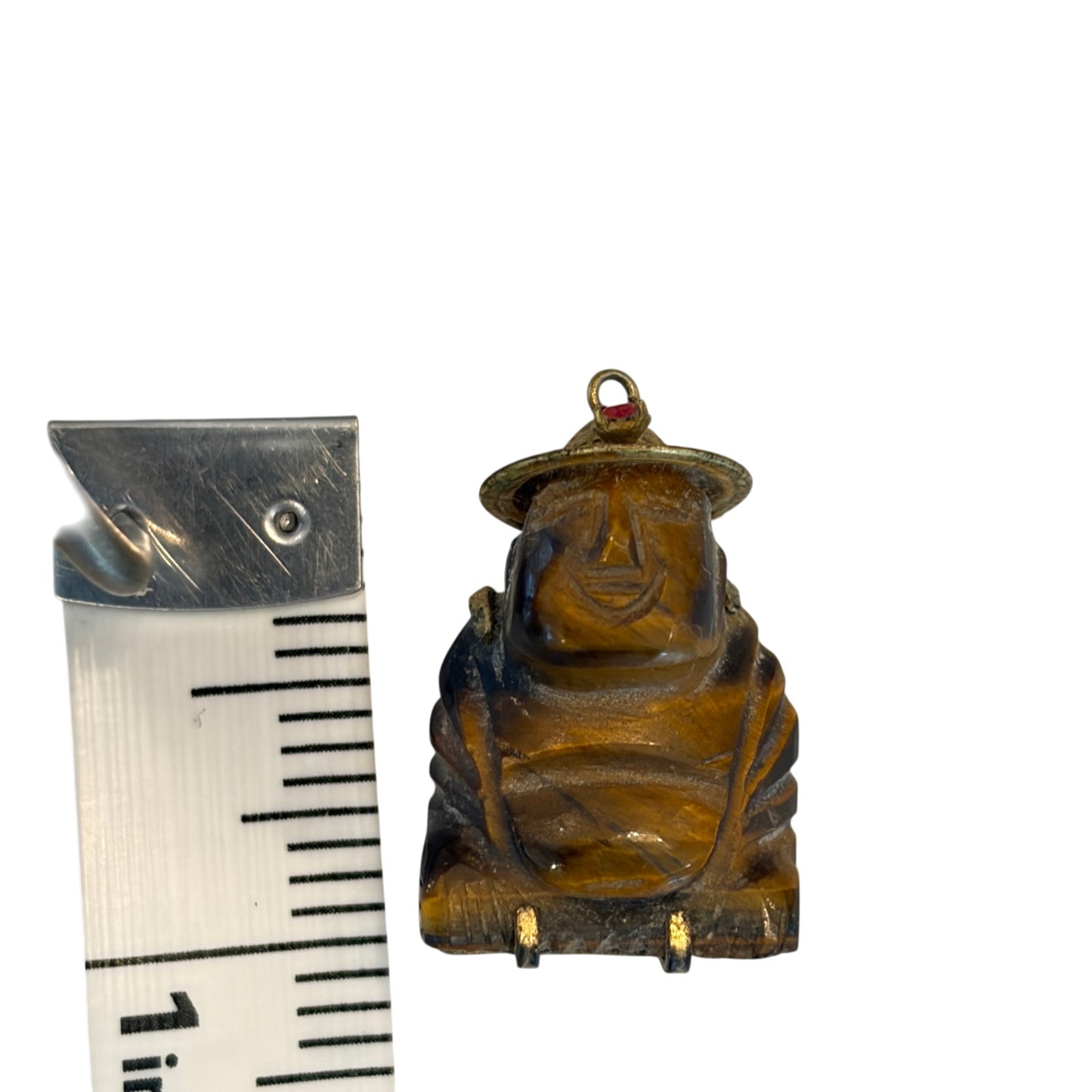 Vintage Asian Tiger's Eye Hand Carved Buddha Charm Pendant 14 K Gold, Ruby Stone