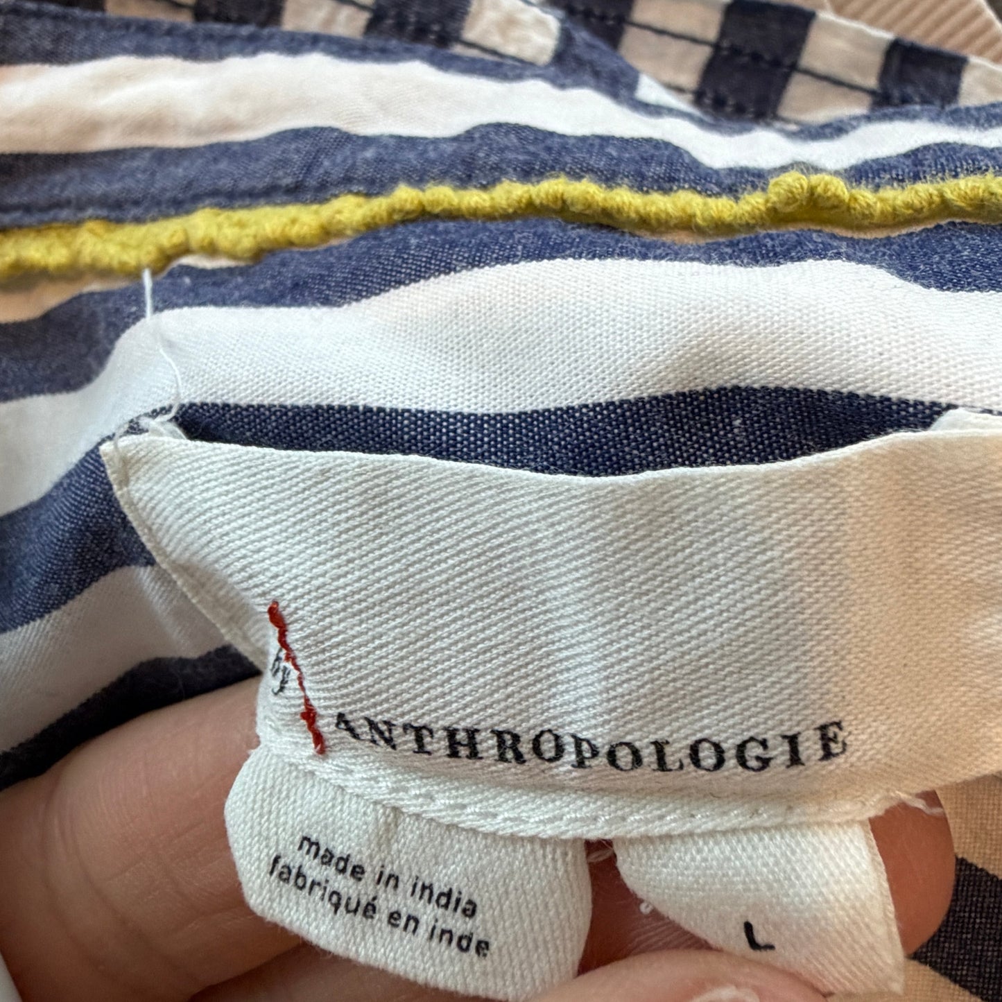 Anthropologie Blue and White Striped Puff Sleeve Top Womens Size Large