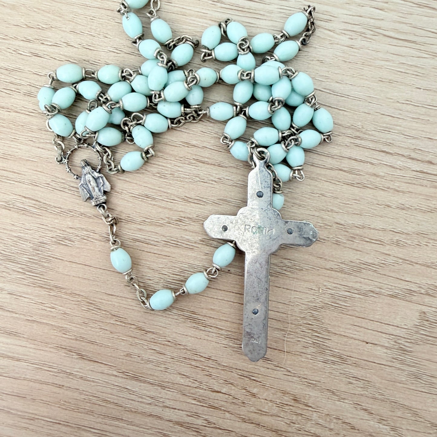 Antique German Remembrance of 1st Holy Communion Prayer Book, Blue Rosary Beads