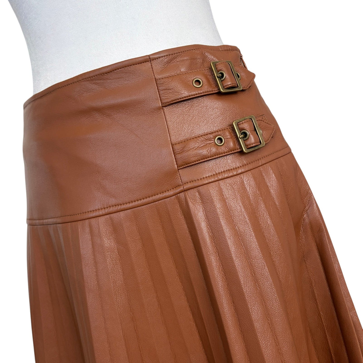Anthropologie Caballero Caramel Brown Faux Leather Pleated Skirt Womens Size XS