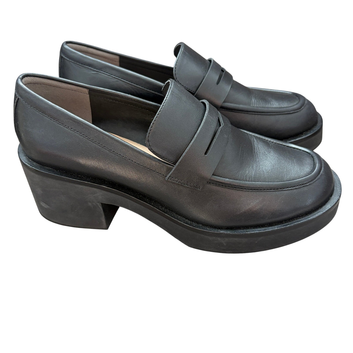 Stuart Weitzman Black Leather Platform Penny Loafers Womens Size 8B