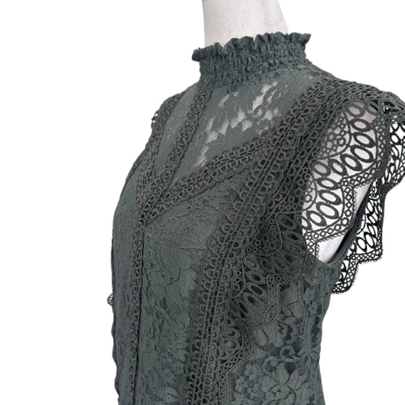 Cable & Gauge Olive Green Lace Flutter Sleeve Mock Neck Blouse Womens Size Small