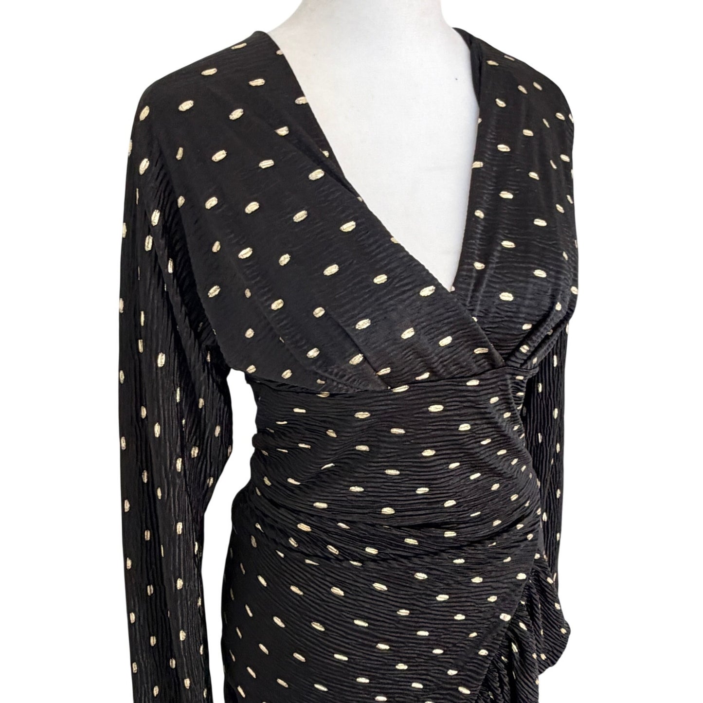 IRO Paris Black and Gold Ruched Long Sleeve V-Neck Dress Womens Size 34 XS