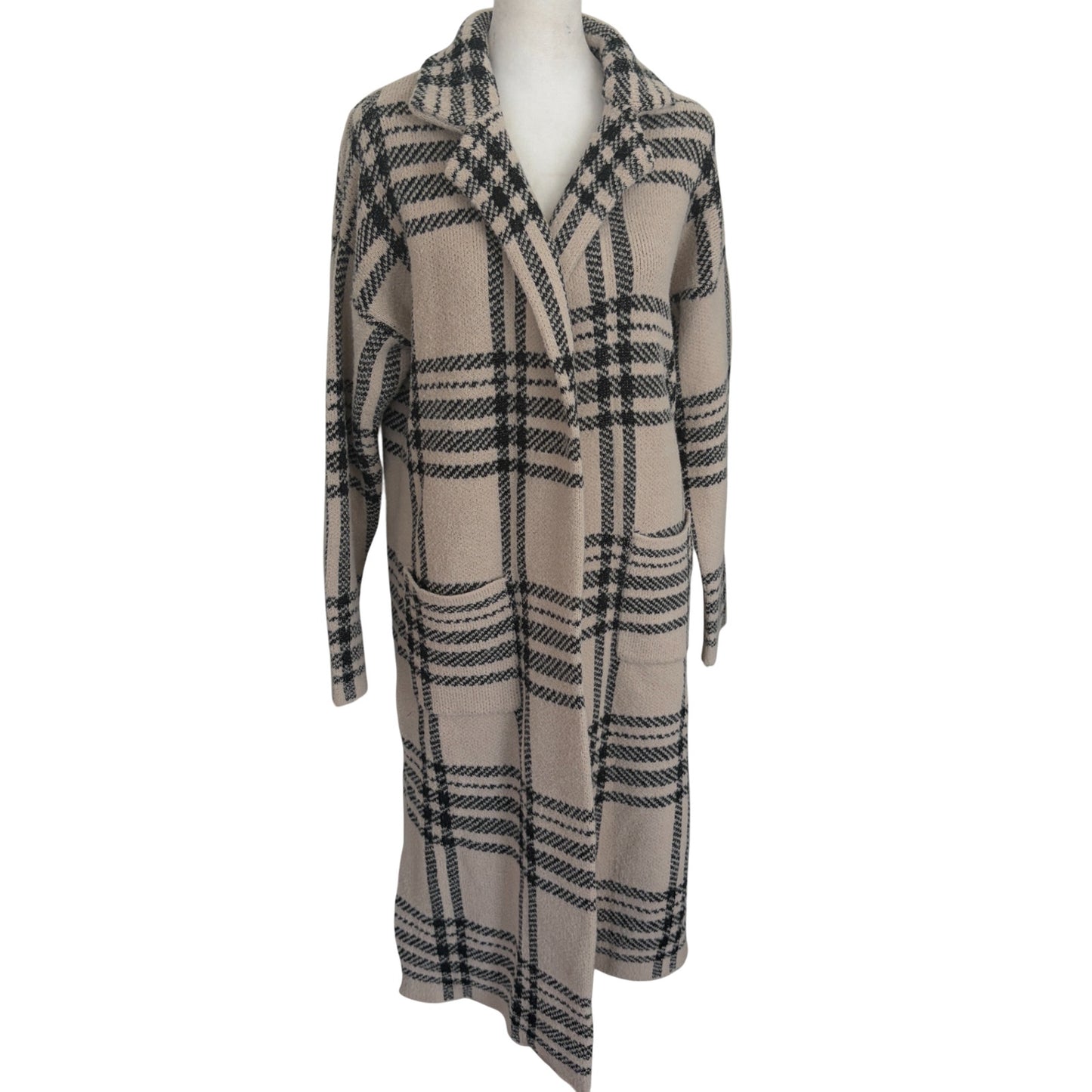 Sincerely Jules Tan and Black Plaid Long Cardigan Jacket Coat Womens Size Small