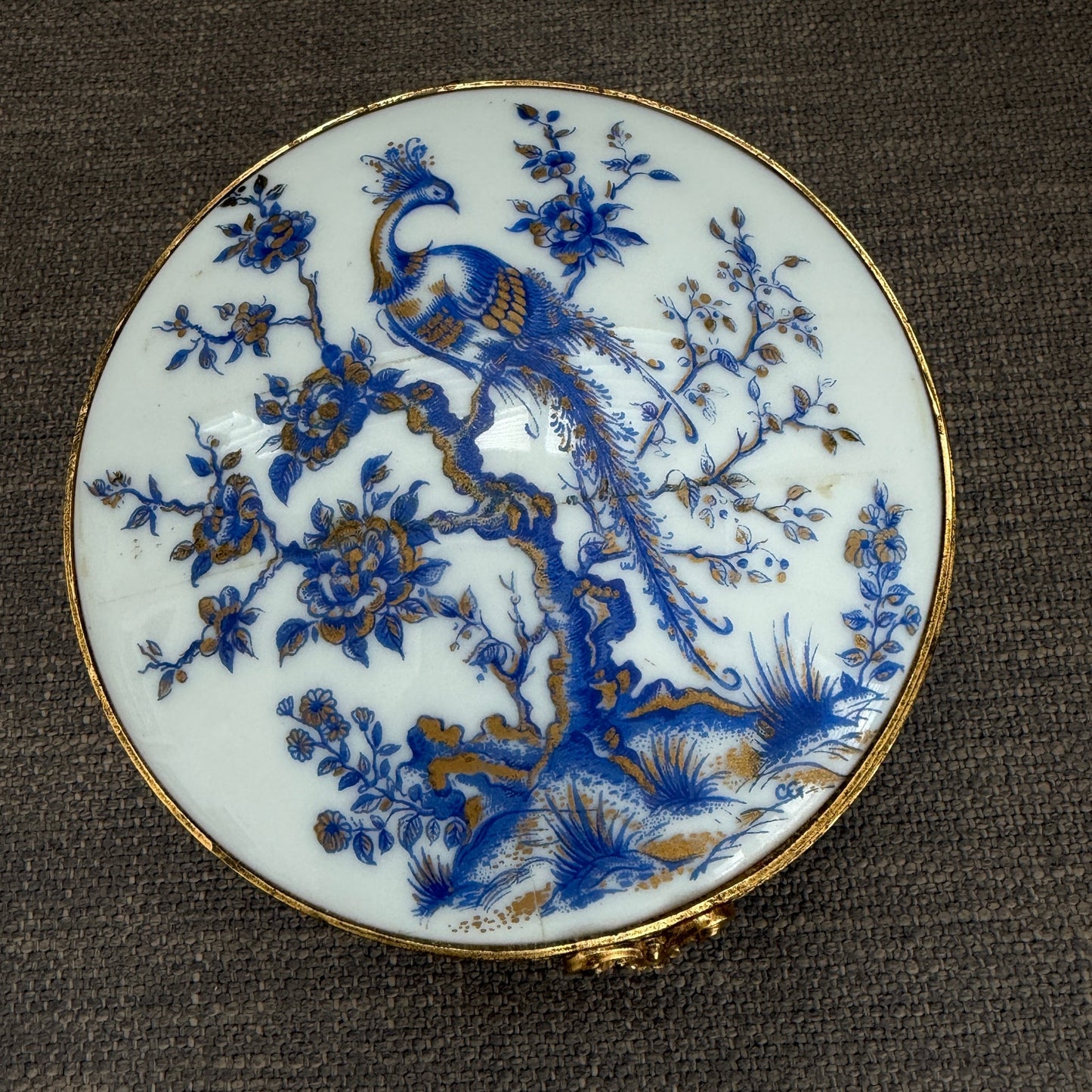Limoges France Blue, White, Gold Peacock 4" Round Hinged Trinket / Jewelry Box