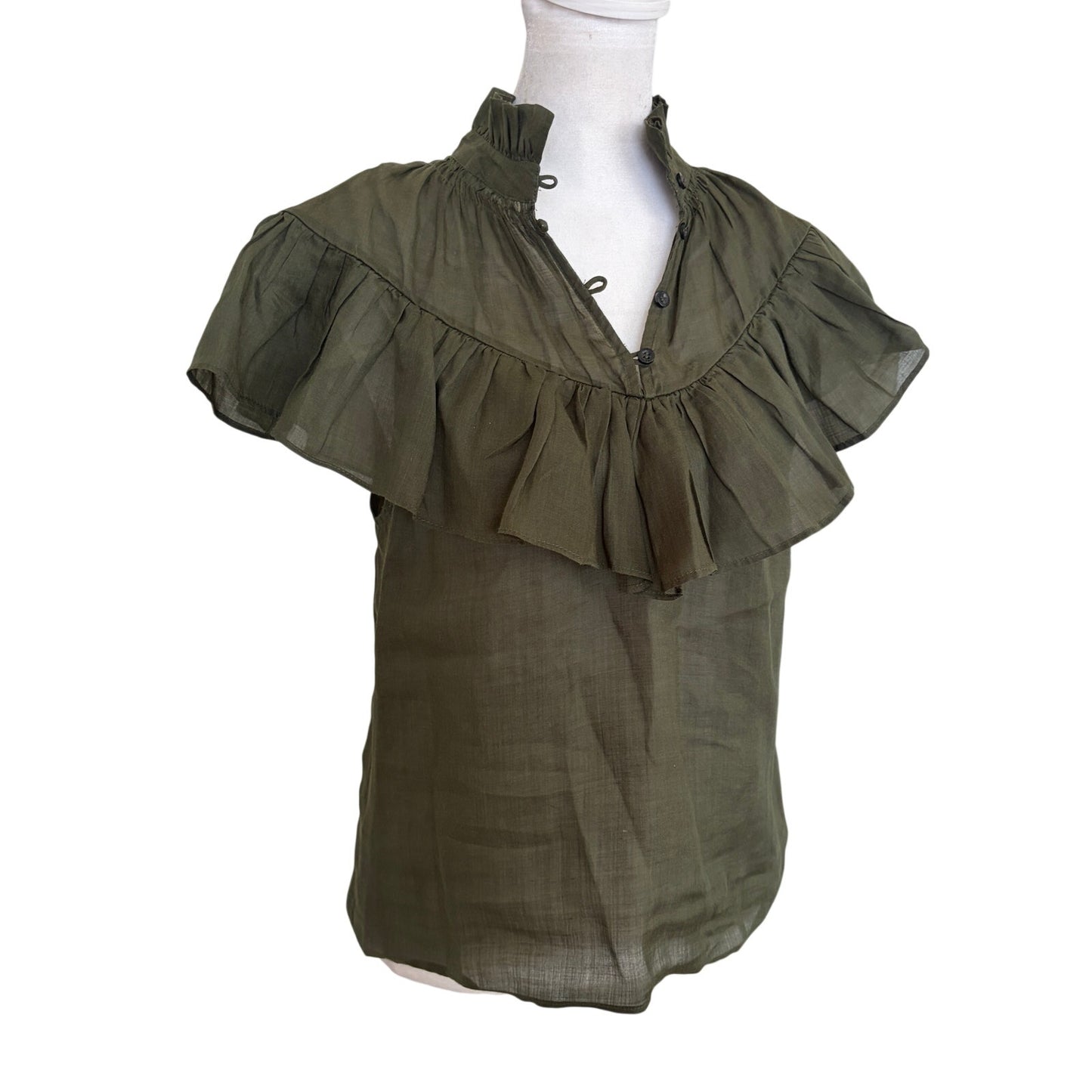 Frame Dark Olive Green High Neck Flutter Sleeve Ruffle Top Blouse Womens Size XS