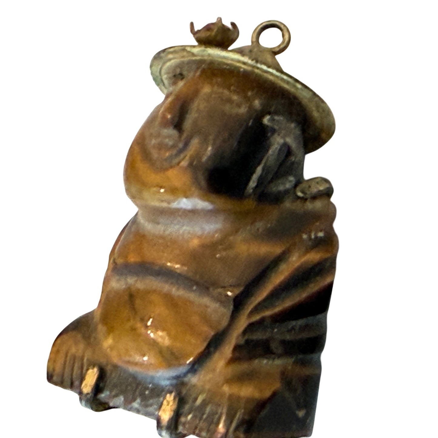 Vintage Asian Tiger's Eye Hand Carved Buddha Charm Pendant 14 K Gold, Ruby Stone