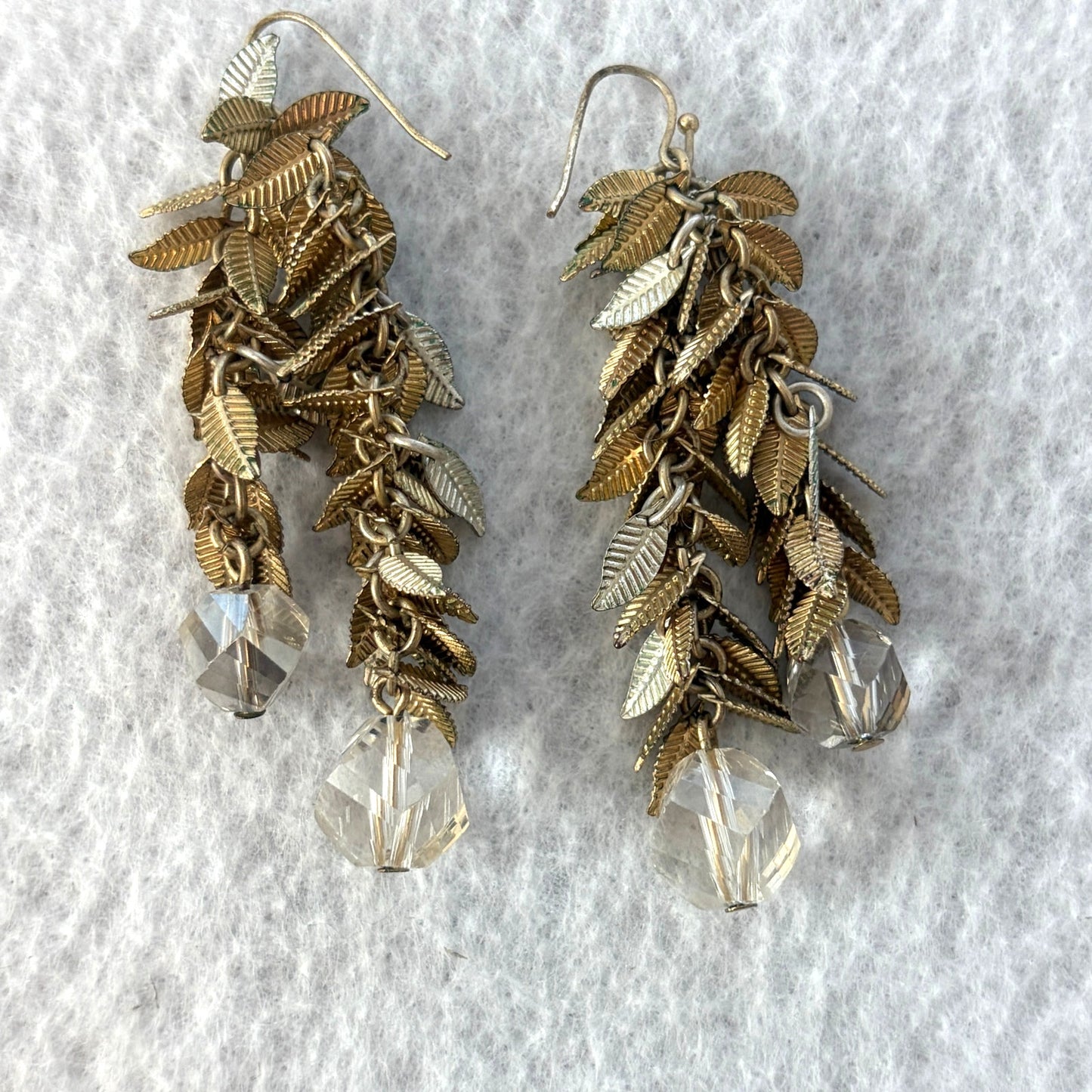 Anthropologie Gold Leaf Dangle Drop Earrings with Crystal Accents