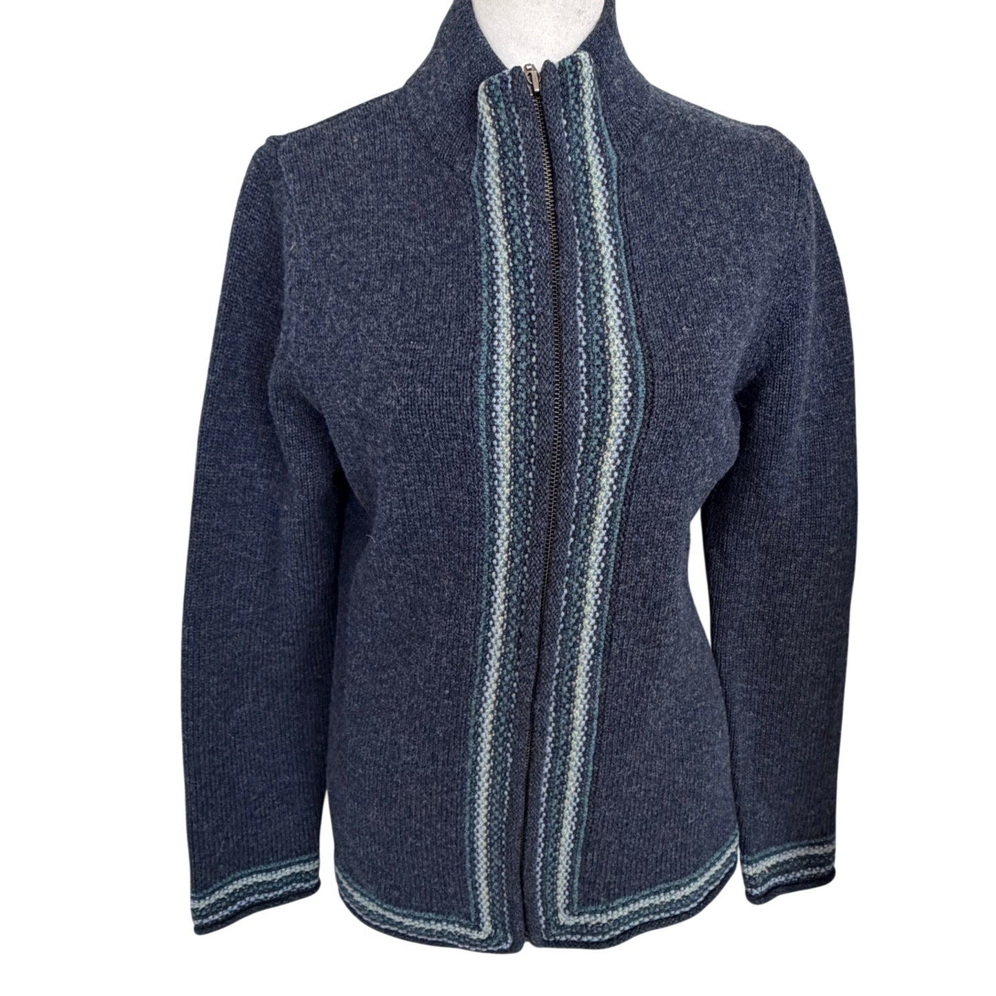 Vintage LL Bean Navy Blue Lambs Wool Full Zip Cardigan Sweater Women Size Medium