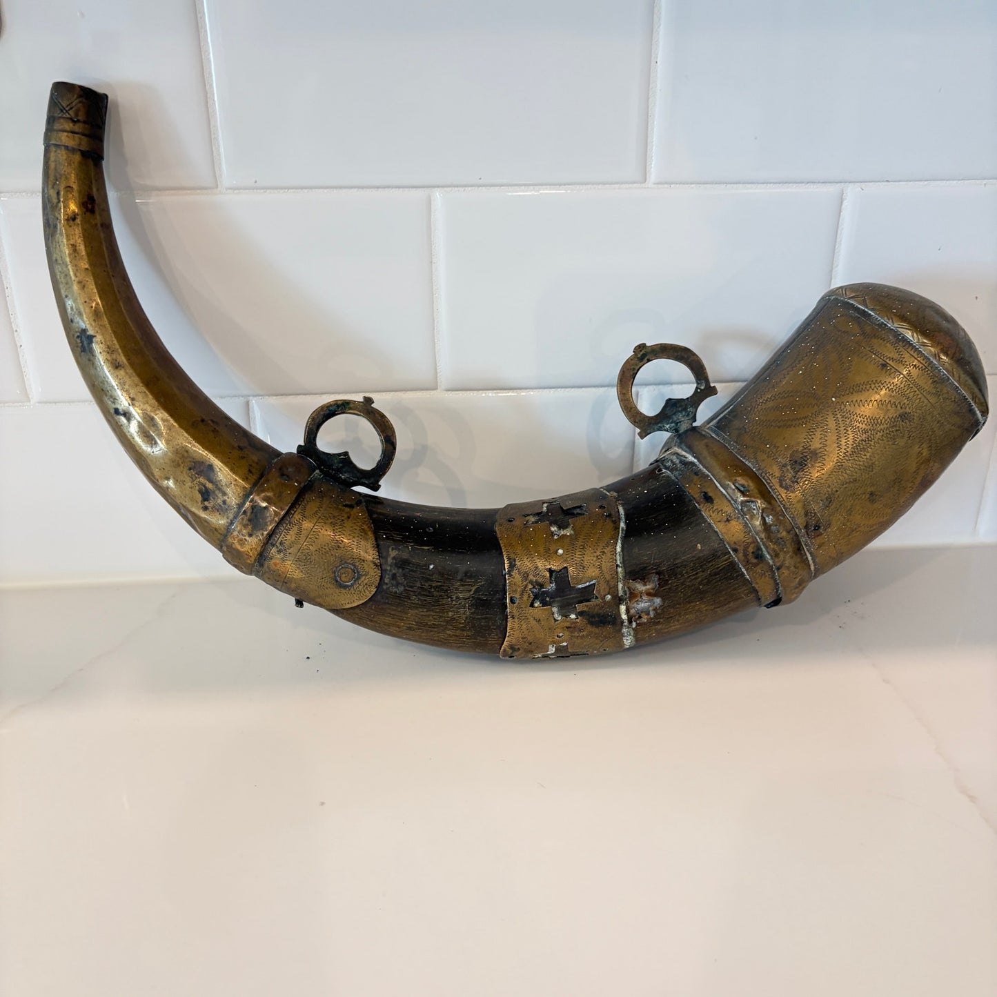 Antique Decorated Brass Gun Powder Horn North African Circa 18th-19th Century