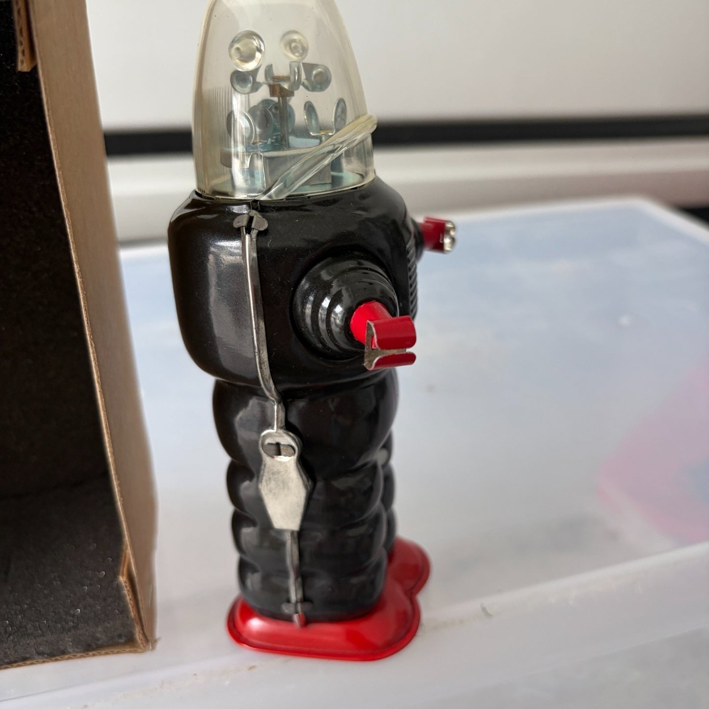 TR2018 Black Robot Space Trooper Friction Crank Tin Robot 7" Tall