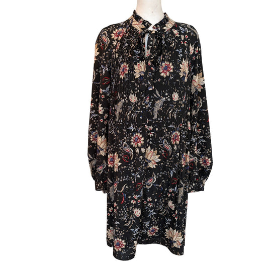 Mika & Gali Black Floral Pleated Long Sleeve Shirt Dress Womens Size Large