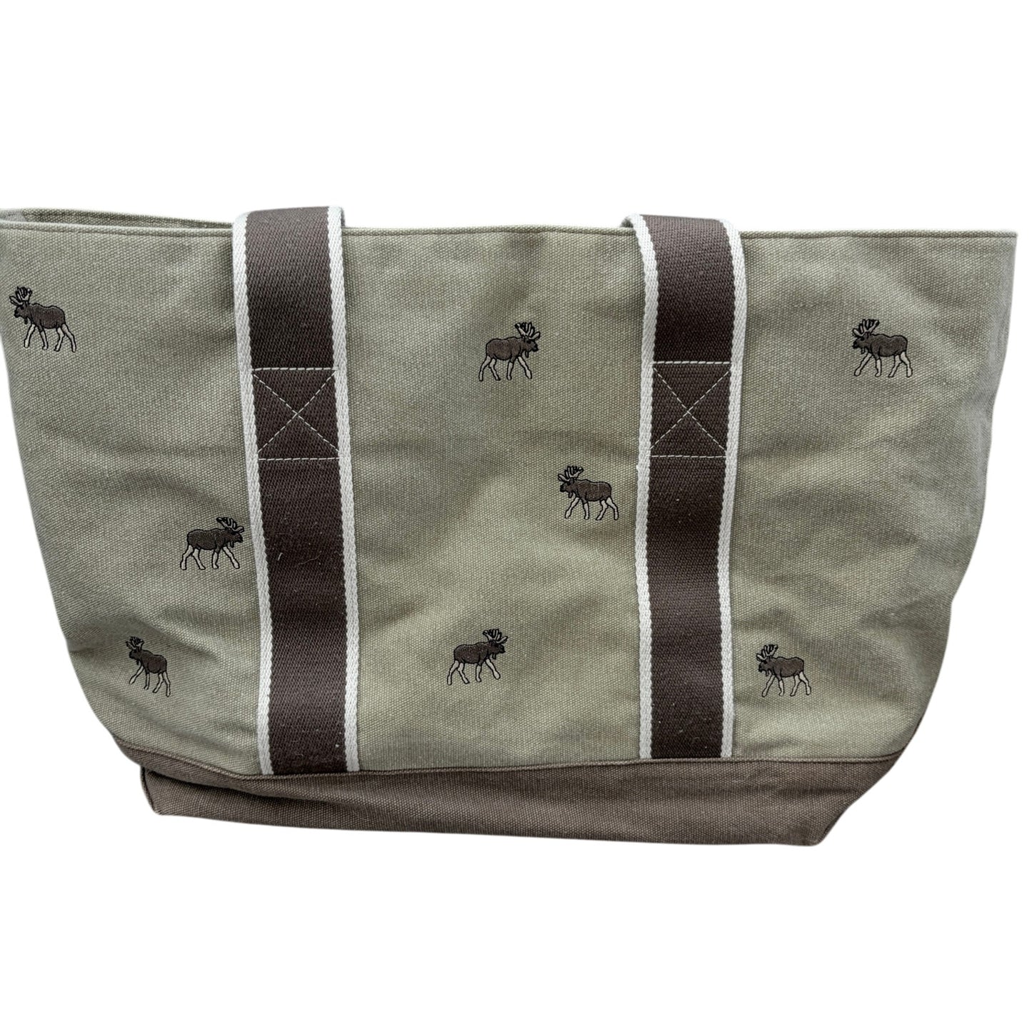 Vintage LL Bean Boat and Tote Canvas Bag Brown With Moose Design, Leather Trim