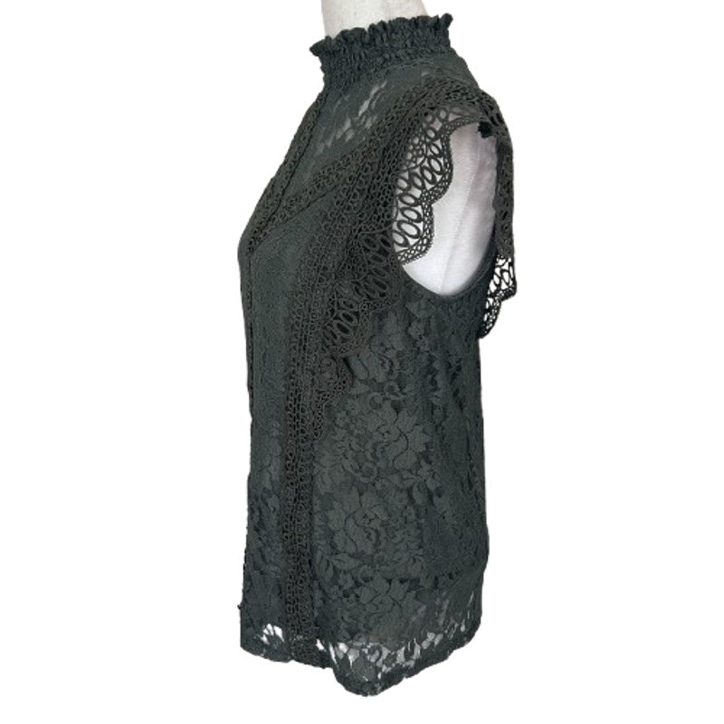Cable & Gauge Olive Green Lace Flutter Sleeve Mock Neck Blouse Womens Size Small