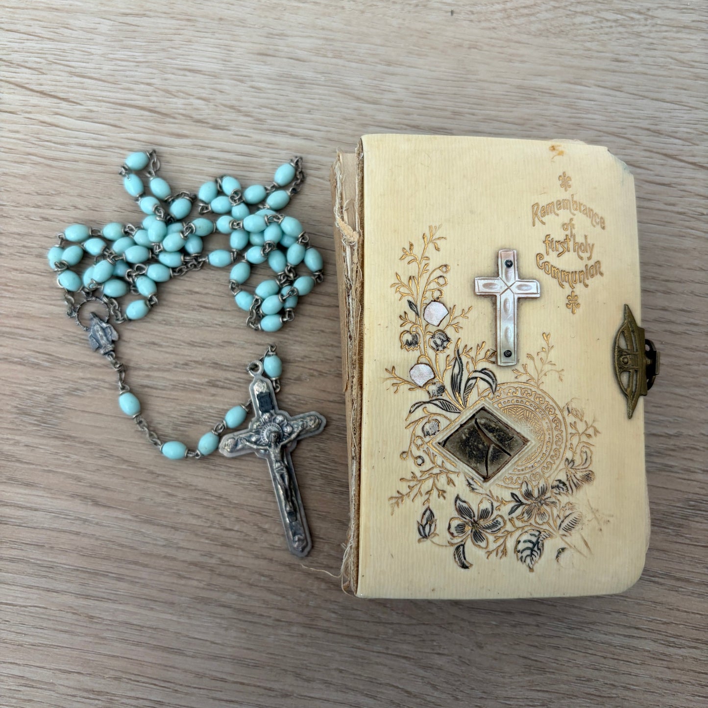 Antique German Remembrance of 1st Holy Communion Prayer Book, Blue Rosary Beads