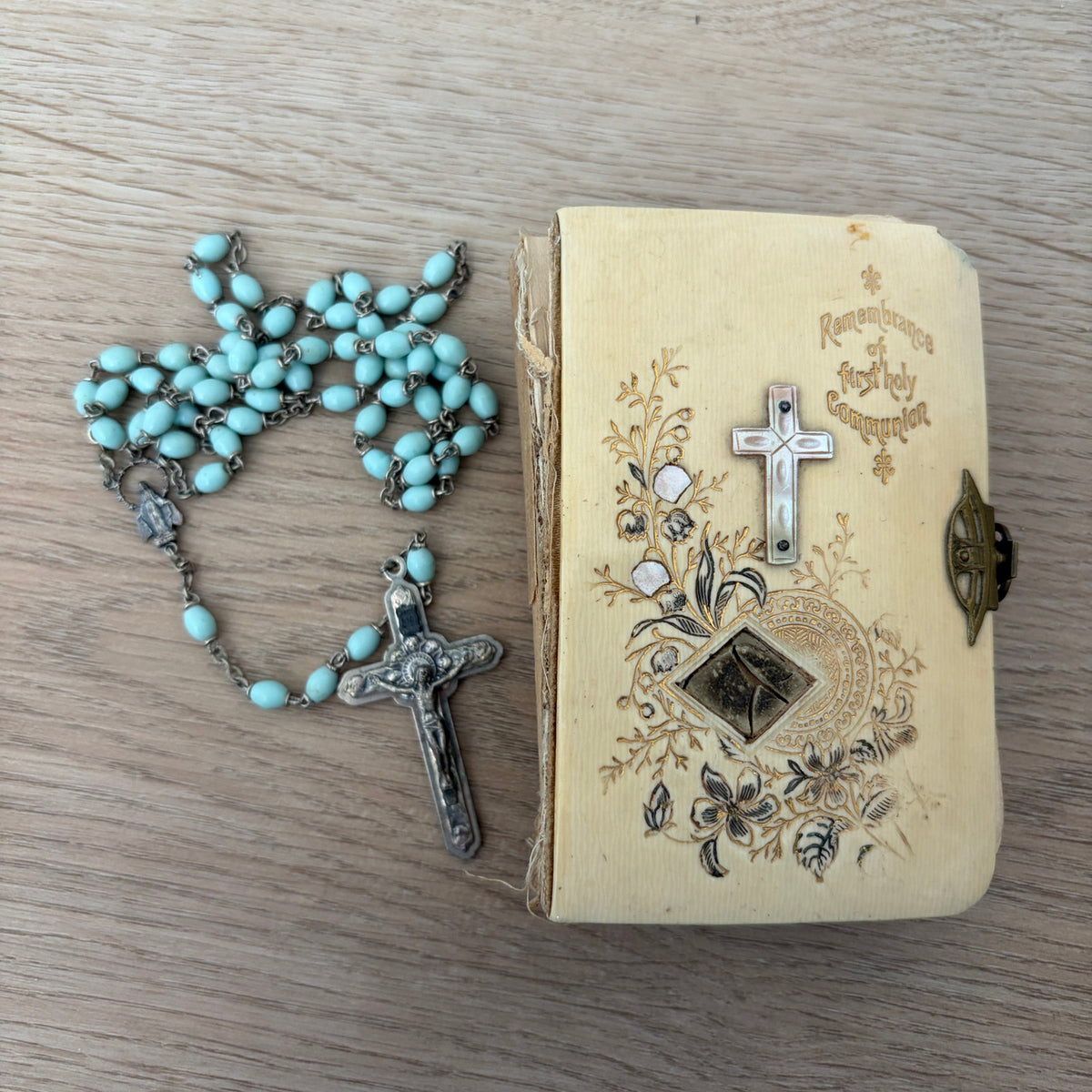 Antique German Remembrance of 1st Holy Communion Prayer Book, Blue Rosary Beads