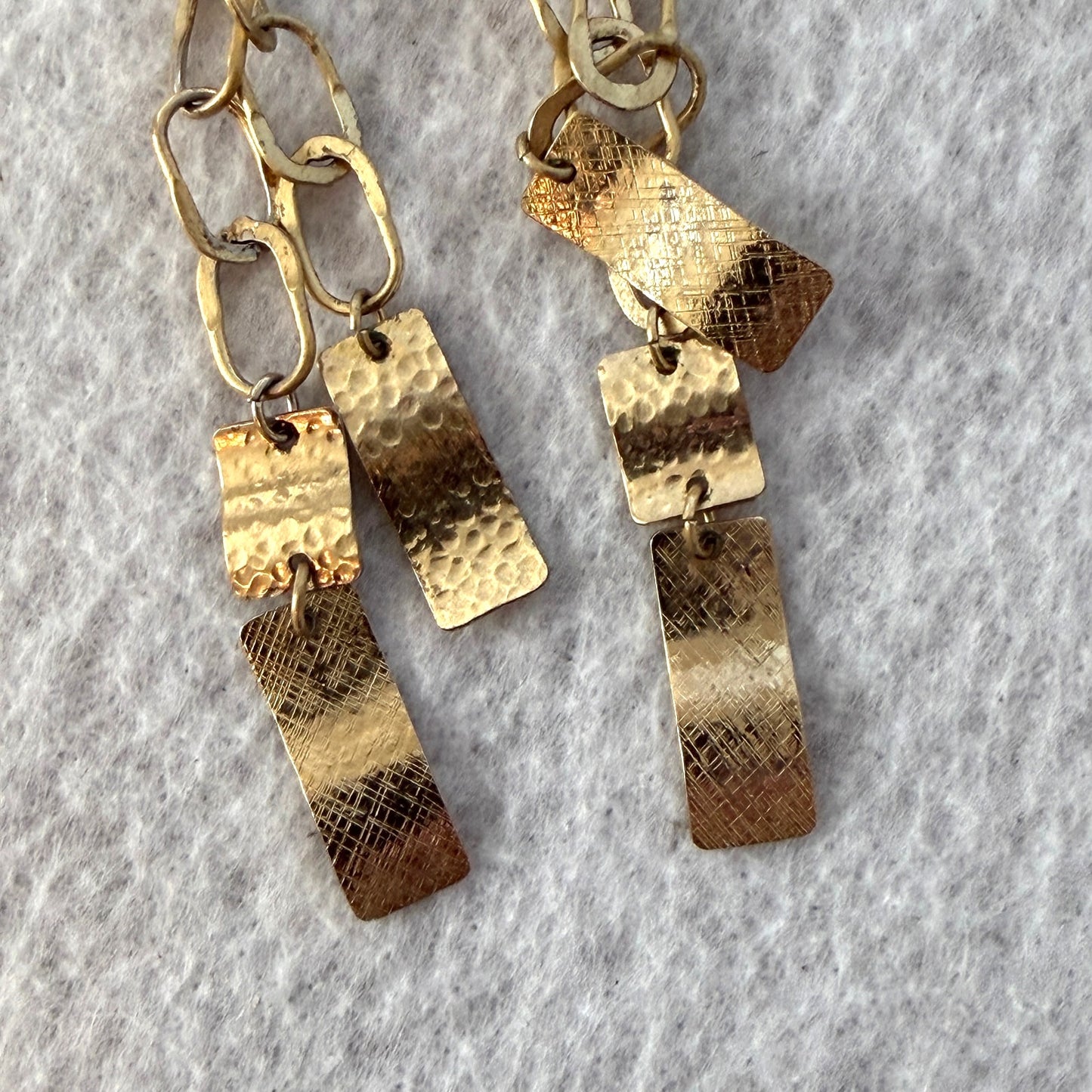 Anthropologie Gold Tone Dangle Earrings Hammered Rectangular Charms Chain Link