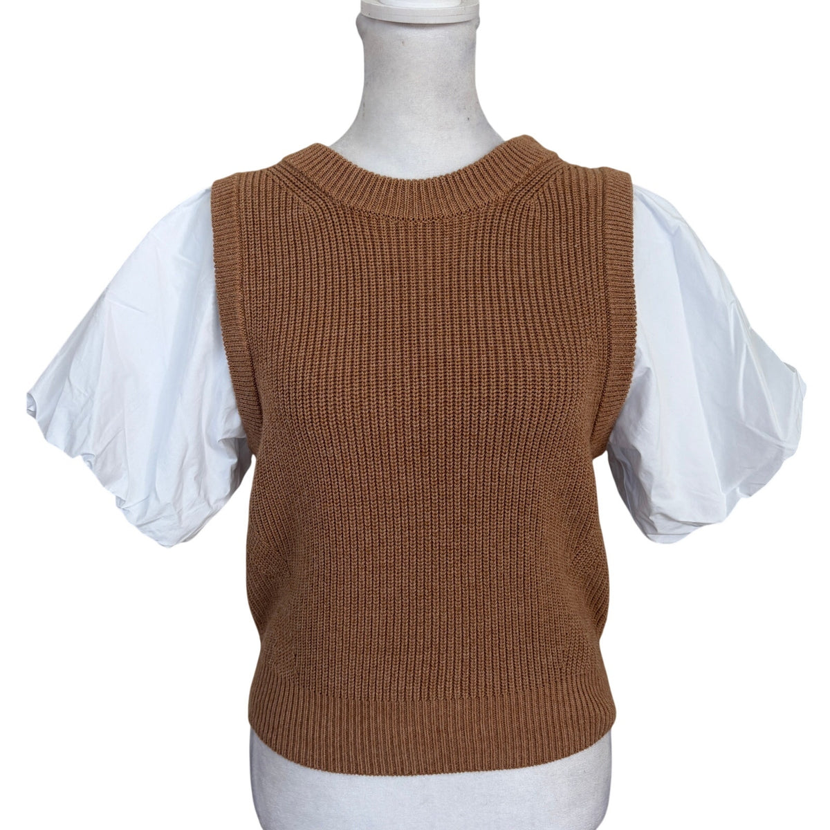 Lilla P Mixed Media Pullover Brown Sweater Vest + White Puff Sleeve Top Size XS