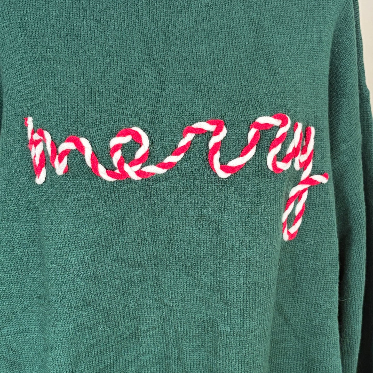 Main Strip Hunter Green Red White Merry Christmas Sweater Womens Size Large NEW