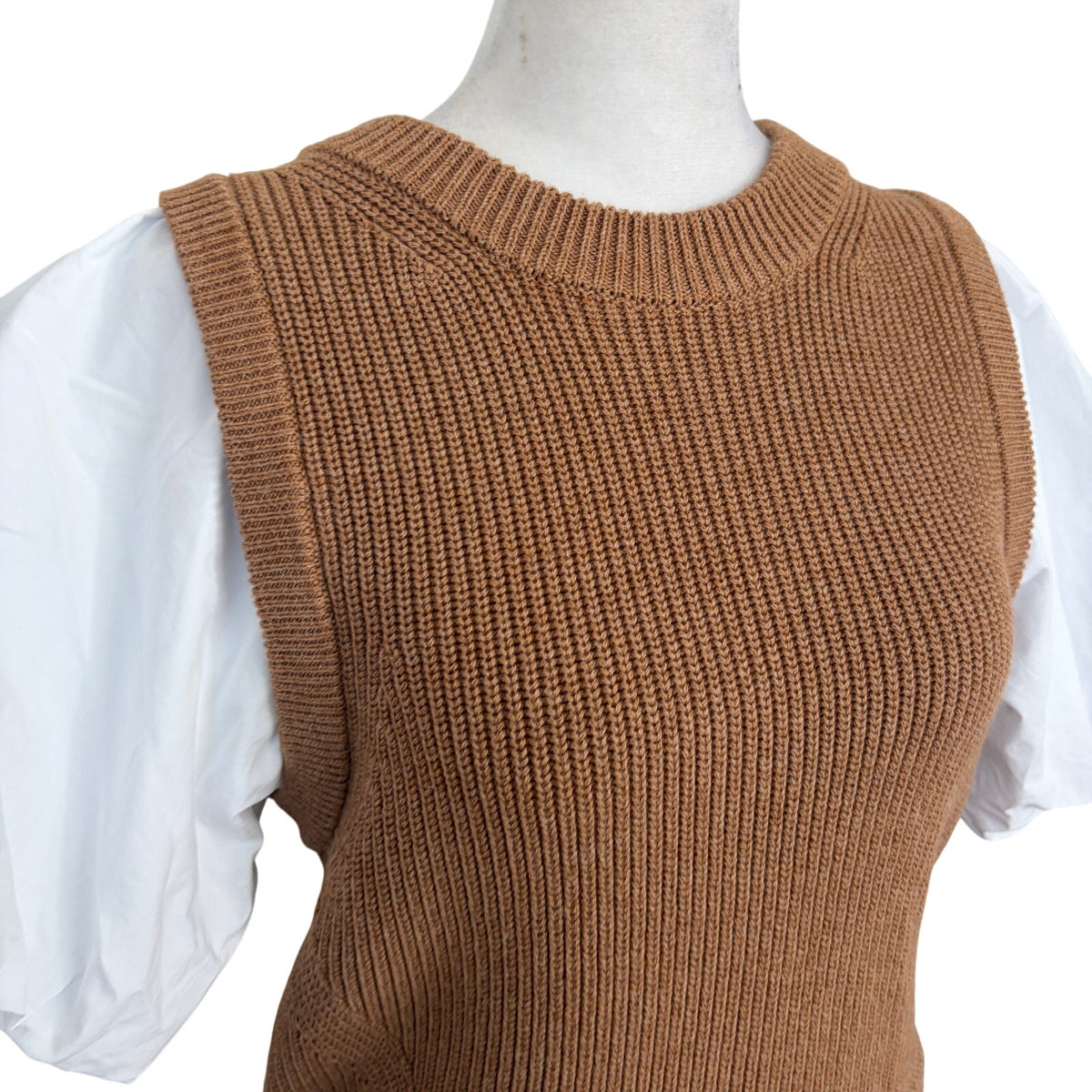 Lilla P Mixed Media Pullover Brown Sweater Vest + White Puff Sleeve Top Size XS