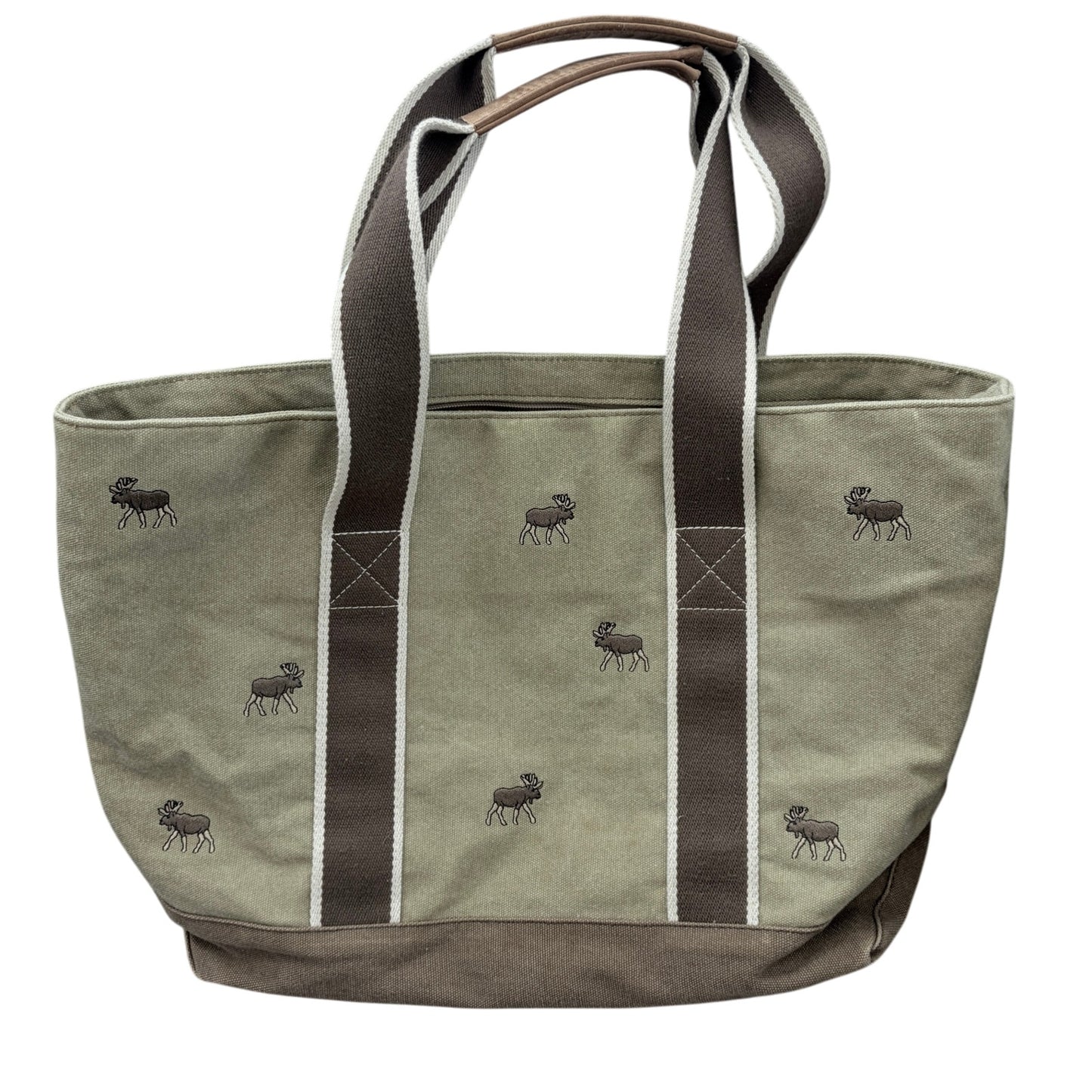 Vintage LL Bean Boat and Tote Canvas Bag Brown With Moose Design, Leather Trim