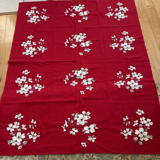 MID Century Vintage Wilendur Tablecloth Red W/ White Dogwood Flowers 53” X 65”