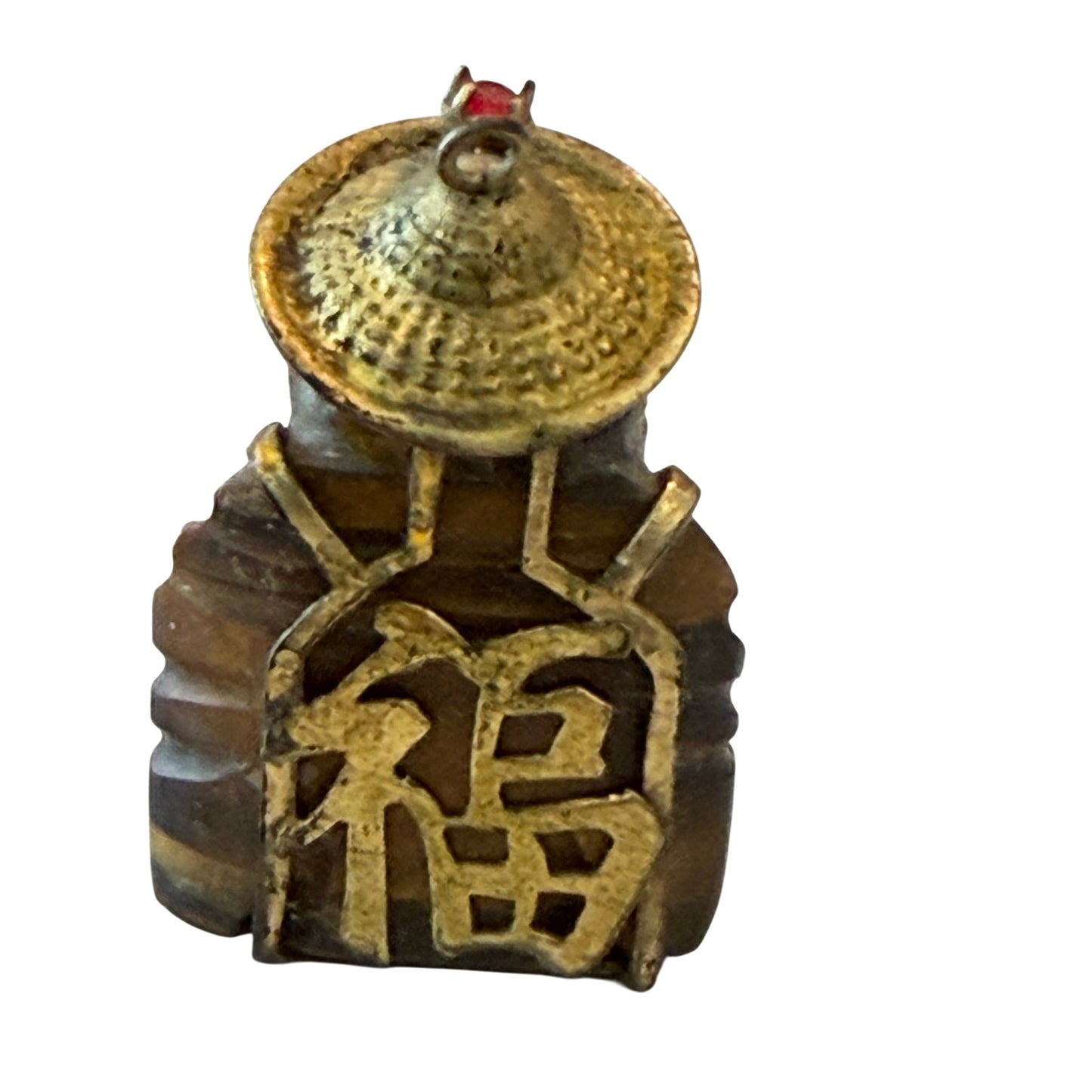 Vintage Asian Tiger's Eye Hand Carved Buddha Charm Pendant 14 K Gold, Ruby Stone