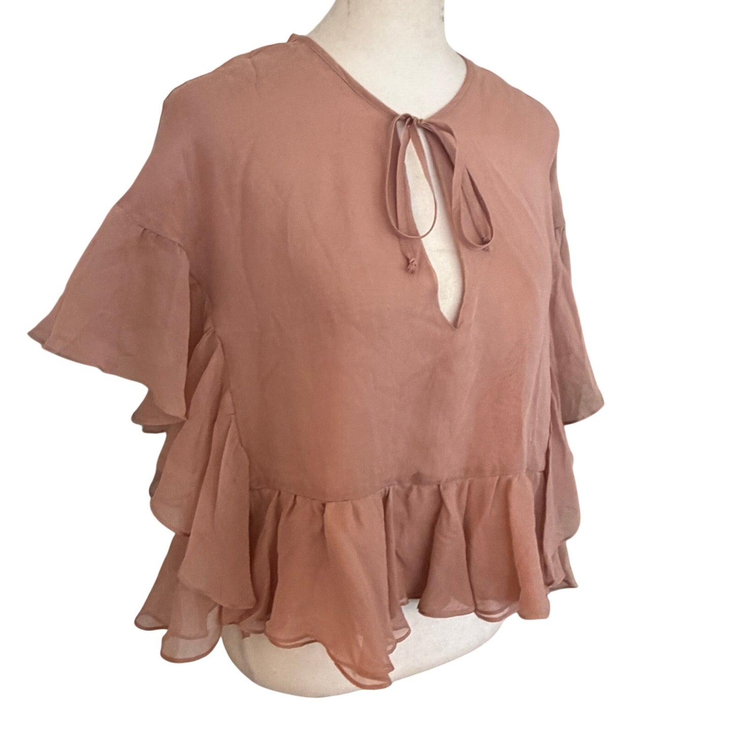 Rachel Comey Dusty Pink 100% Silk Sheer V-Neck Ruffled Blouse Womens Size 6