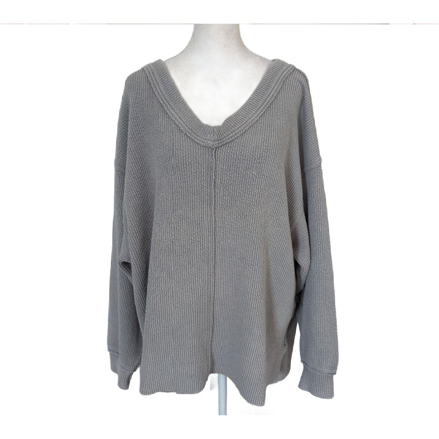 Aerie Gray Waffle Print Boxy Oversize V-Neck Pullover Womens Size Medium
