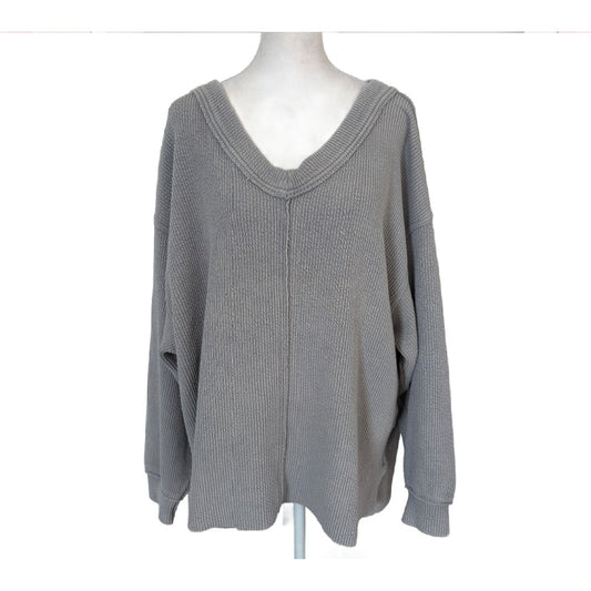 Aerie Gray Waffle Print Boxy Oversize V-Neck Pullover Womens Size Medium