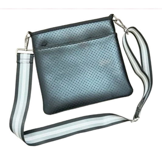 Ahdorned Black Large Pouch Crossbody With Black, White, Gray Woven Strap